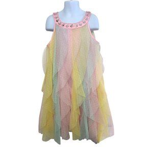 Tahari Girls Party Dress Rainbow Tulle 8 Ruffles Rhinestones A-line Sleeveless